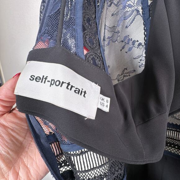 Self-Portrait Navy Lace Frill Midi Dress SP13-056 Size 4 Elegant Cocktail - Picture 7 of 16